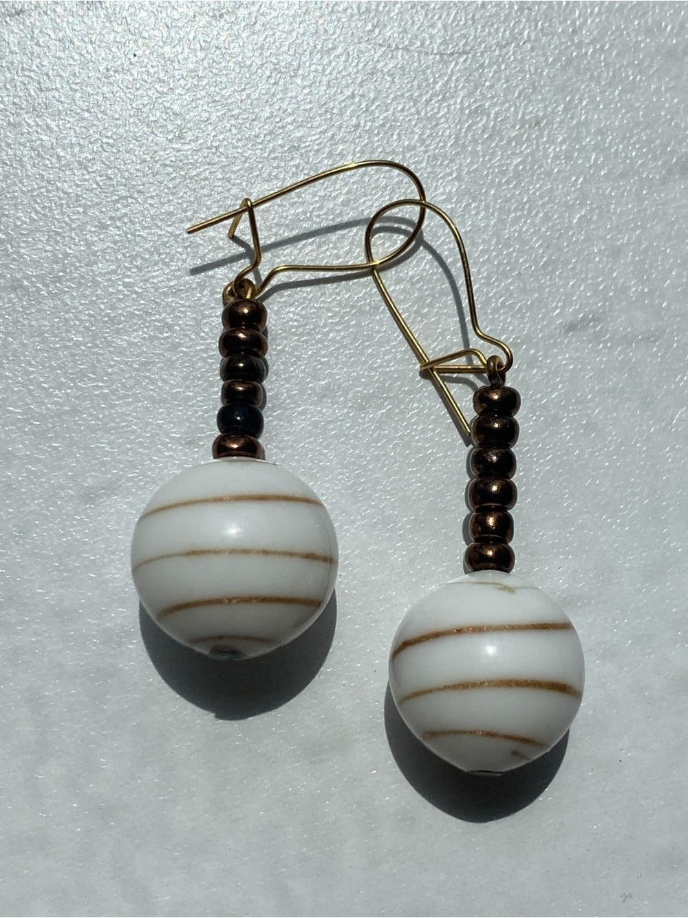 Handcrafted White and Gold Stripe Bead Drop Earrings